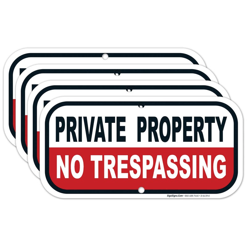 Sigo Signs No Trespassing Private Property Sign, Red Background, (4 Pack) 6x12 Inches, Rust Free .040 Aluminum, Fade Resistant, Made in USA - Image 1